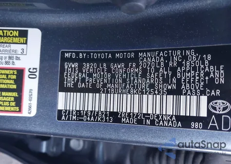 2019 Toyota Corolla Le из США, поврежденный, VIN 2T1BURHE8KC125435